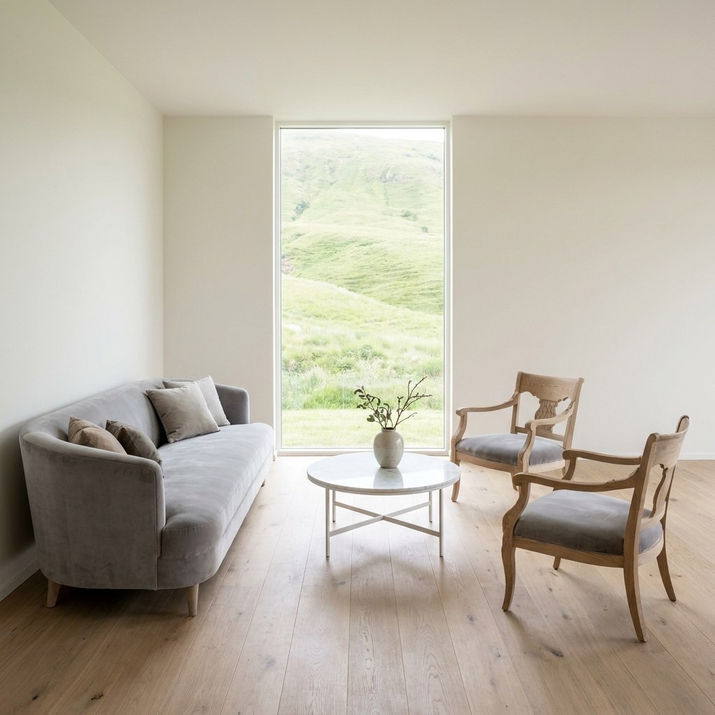 Sofa kaufen Schweiz: Sitzgruppe mit Samtbezug und Sesseln in einem hellen Schweizer Wohnzimmer von Casa Padrino