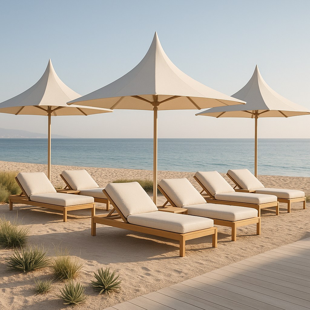 Sonnenschirme für Beachclubs als Pagodenschirme über Strandliegen von Casa Padrino