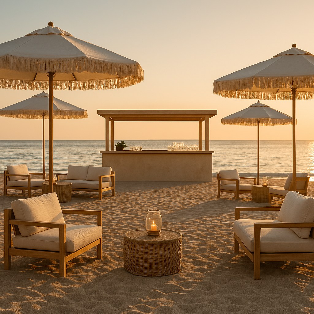 Sonnenschirme für Beachclubs an einer Strandbar im Abendlicht von Casa Padrino