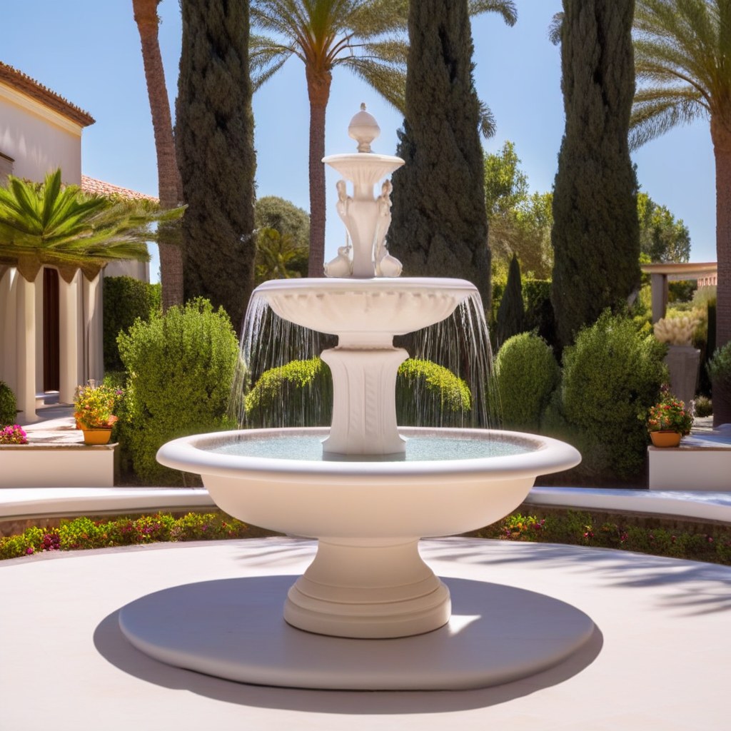 Weißer Springbrunnen auf der Terrasse einer mediterranen Luxusvilla von Casa Padrino