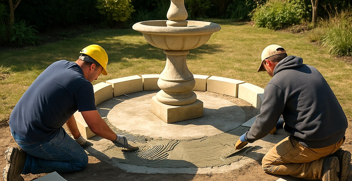 Die einzelnen Steinelemente der Beckenumrandung werden rund um den Springbrunnen ausgelegt und ausgerichtet