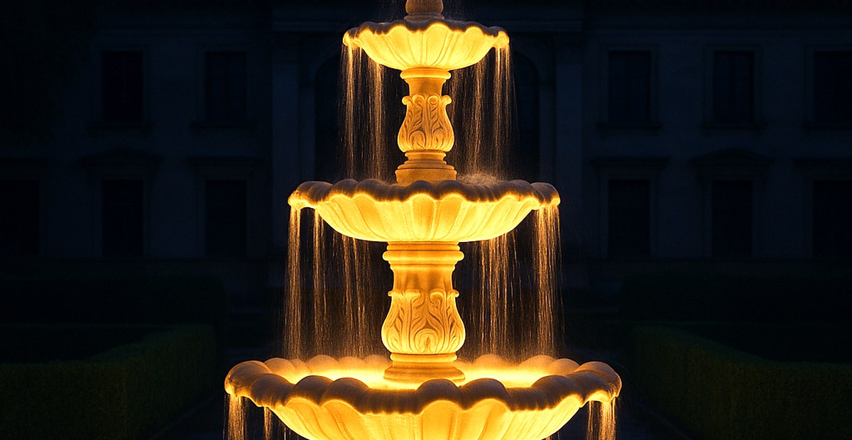 Beleuchteter Etagenbrunnen im Barockstil zur blauen Stunde, warmweiße Unterwasserstrahler lassen die Fontäne von innen leuchten
