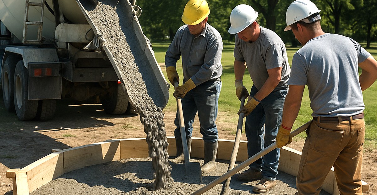 Transportbeton wird in die Schalung des Brunnenfundaments eingebracht und von Hand verteilt