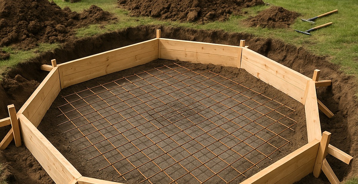 Achteckige Holzschalung mit eingelegter Baustahlmatte als Bewehrung für das Fundament eines Springbrunnens
