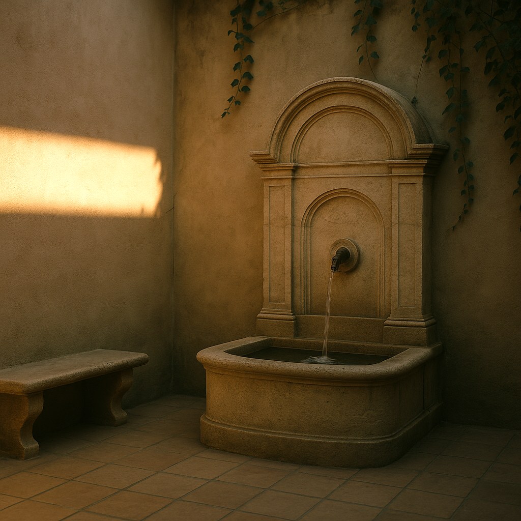 Wandbrunnen aus Stein in einem ruhigen Innenhof im warmen Abendlicht von Casa Padrino