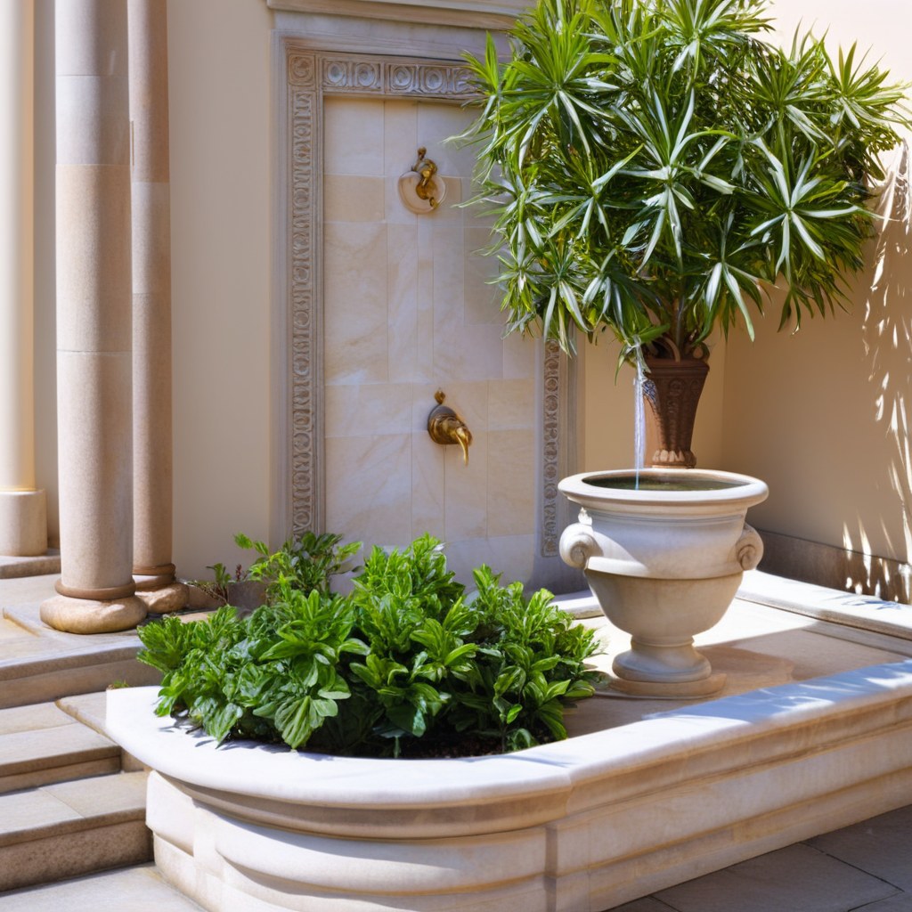 Fontana a parete con flusso d'acqua uniforme grazie a una silenziosa pompa di ricircolo in un cortile mediterraneo di Casa Padrino