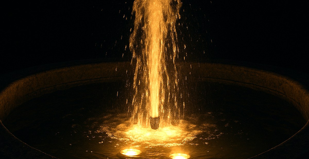 Unterwasserstrahler im Becken eines Gartenbrunnens strahlen warmweiß gegen die aufsteigende Fontäne
