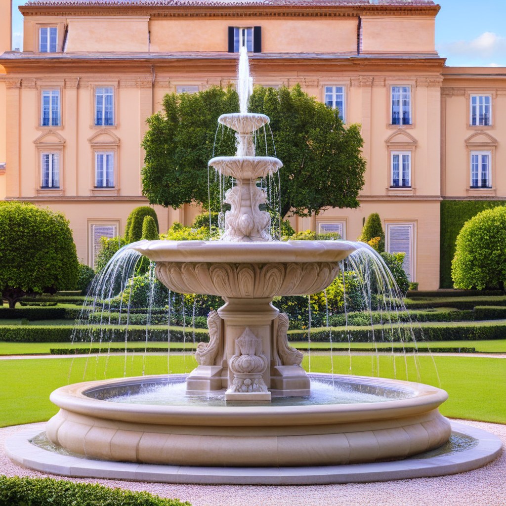 Fontana barocca con potente getto d'acqua, azionata da una pompa per fontana ad alte prestazioni, nel giardino del castello di Casa Padrino