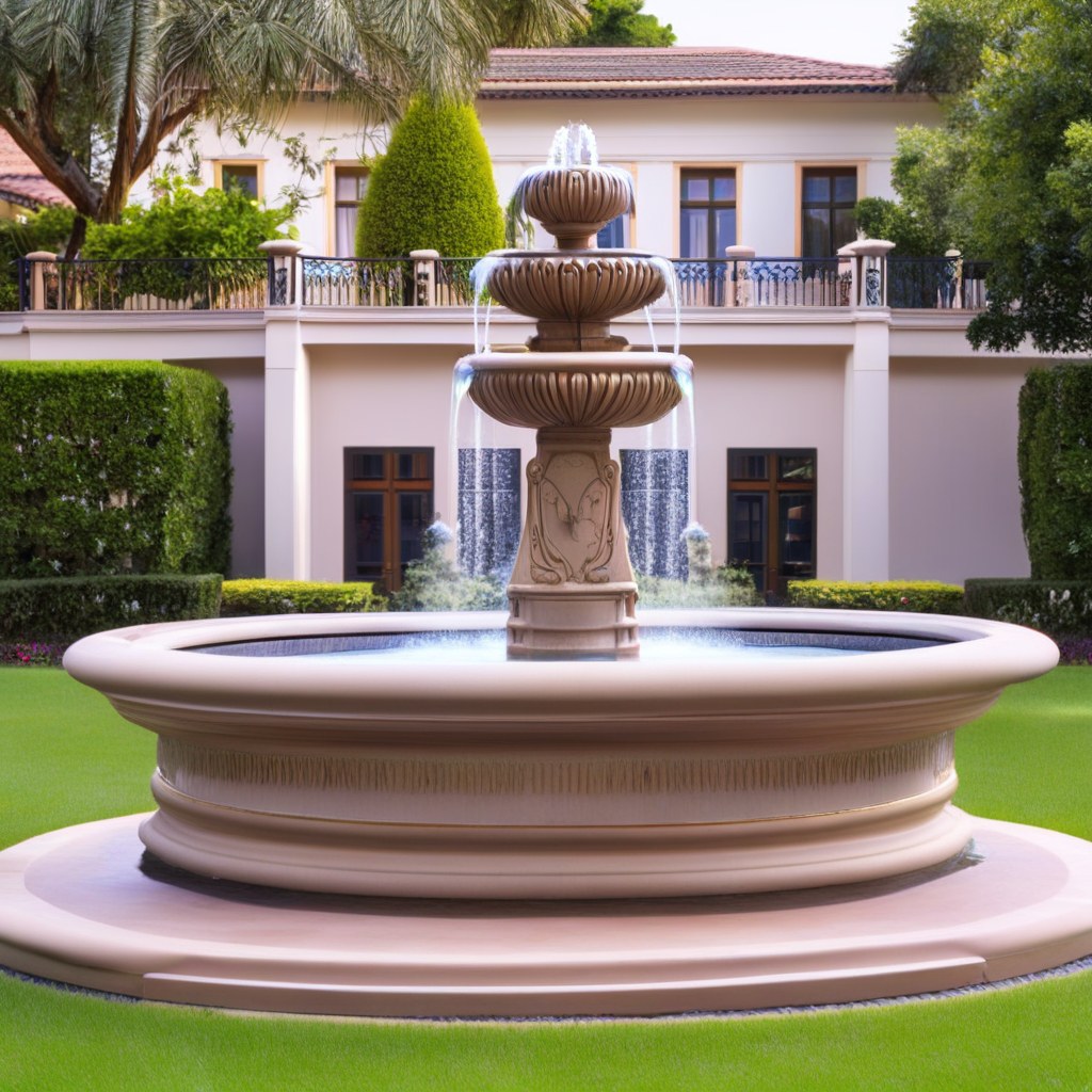 Sontuosa fontana a più livelli con diversi livelli d'acqua e potente pompa per fontana nel giardino dell'hotel di Casa Padrino