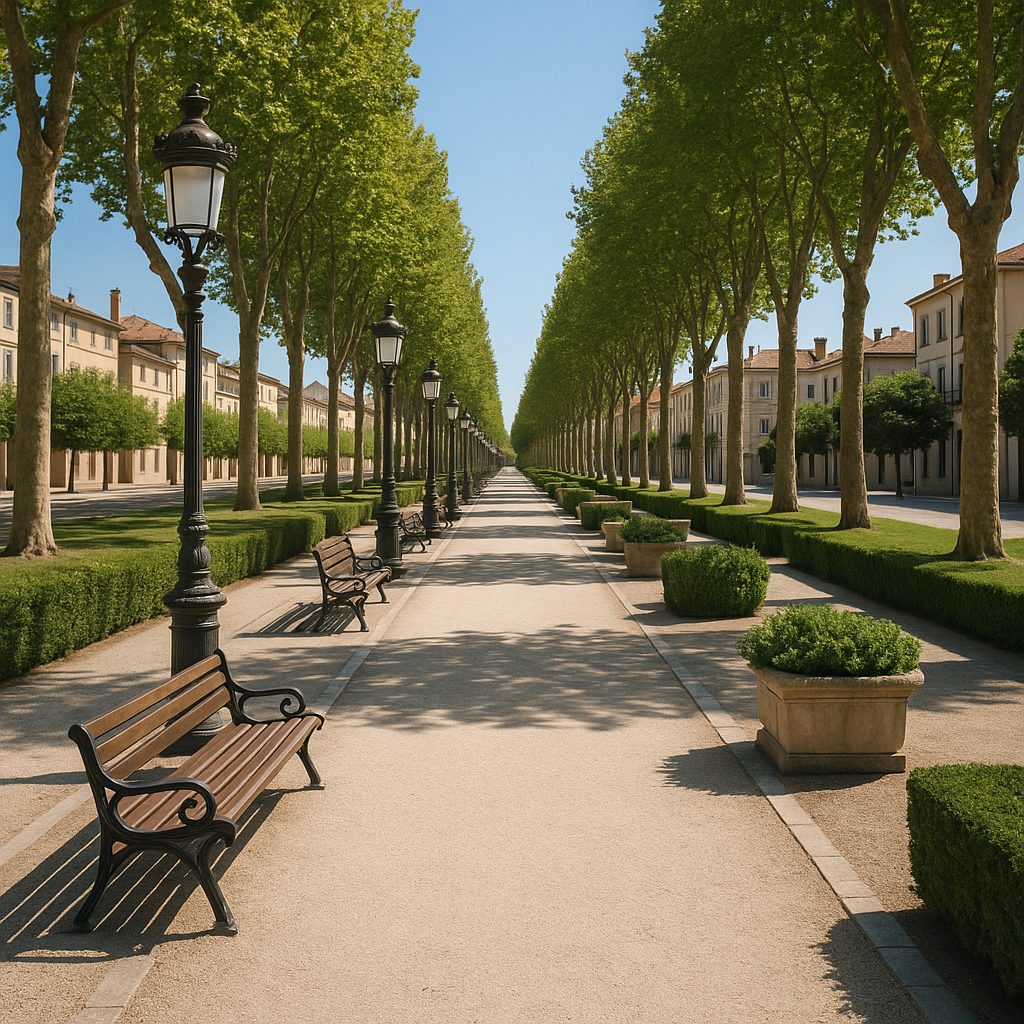 Allee mit historischen Straßenlaternen, Bänken und Pflanzkübeln entlang einer Promenade