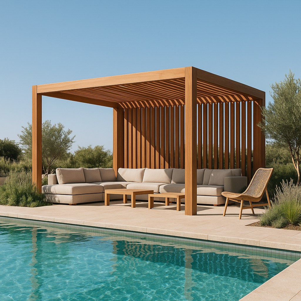 Strandpavillon als Holzpavillon am Pool von Casa Padrino