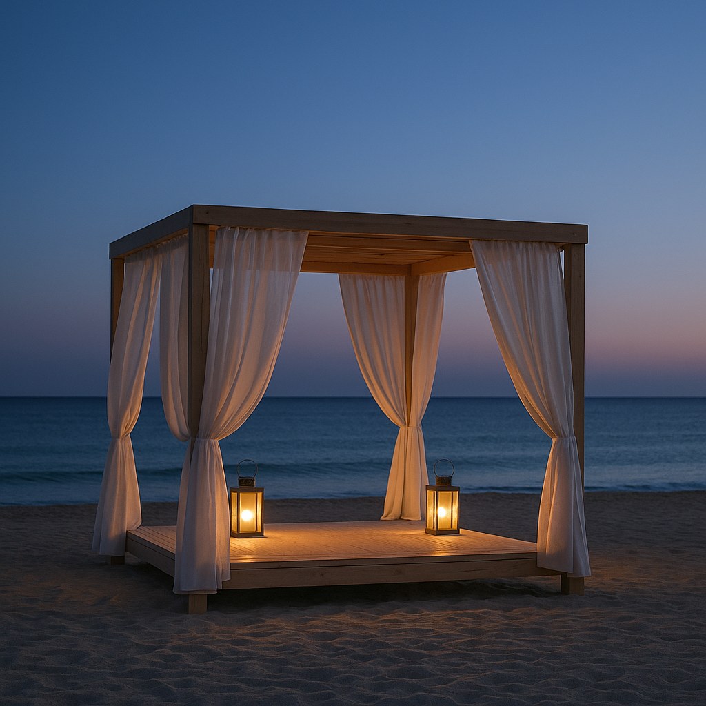 Strandpavillon Cabana im Abendlicht mit warmer Beleuchtung von Casa Padrino