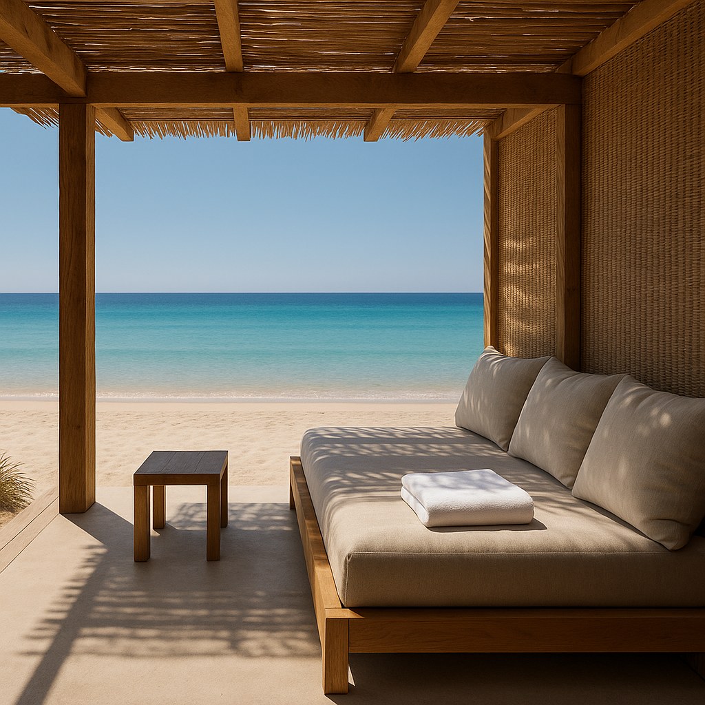 Strandpavillon Cabana mit Loungemöbeln im Inneren von Casa Padrino