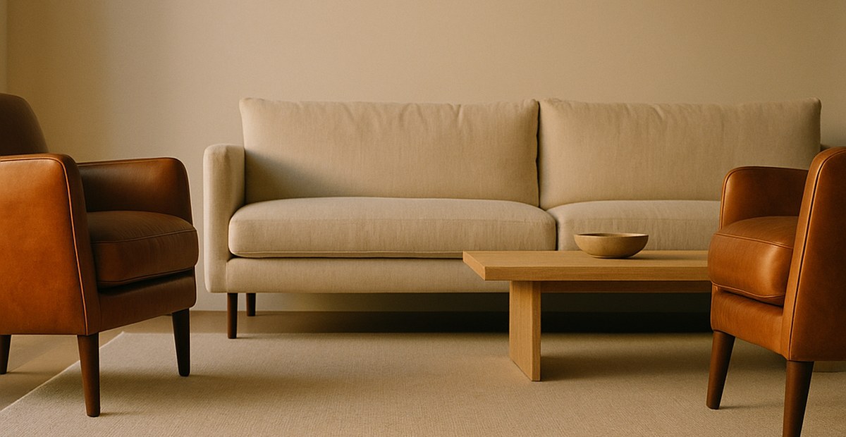 Teppich, der unter den Vorderbeinen von Sofa und Sesseln liegt