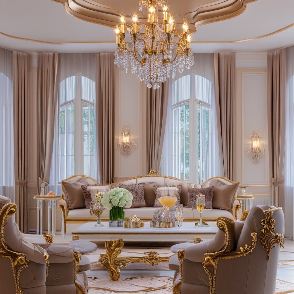 Villa Salon mit Kronleuchter und Barockmöbeln von Casa Padrino