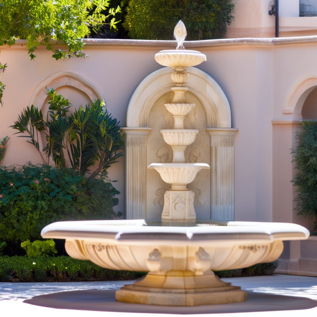 Eleganter Wandbrunnen aus Stein an der Mauer eines mediterranen Innenhofs von Casa Padrino