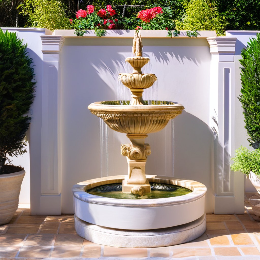 Antiker Wandbrunnen aus Marmor im mediterranen Innenhof von Casa Padrino