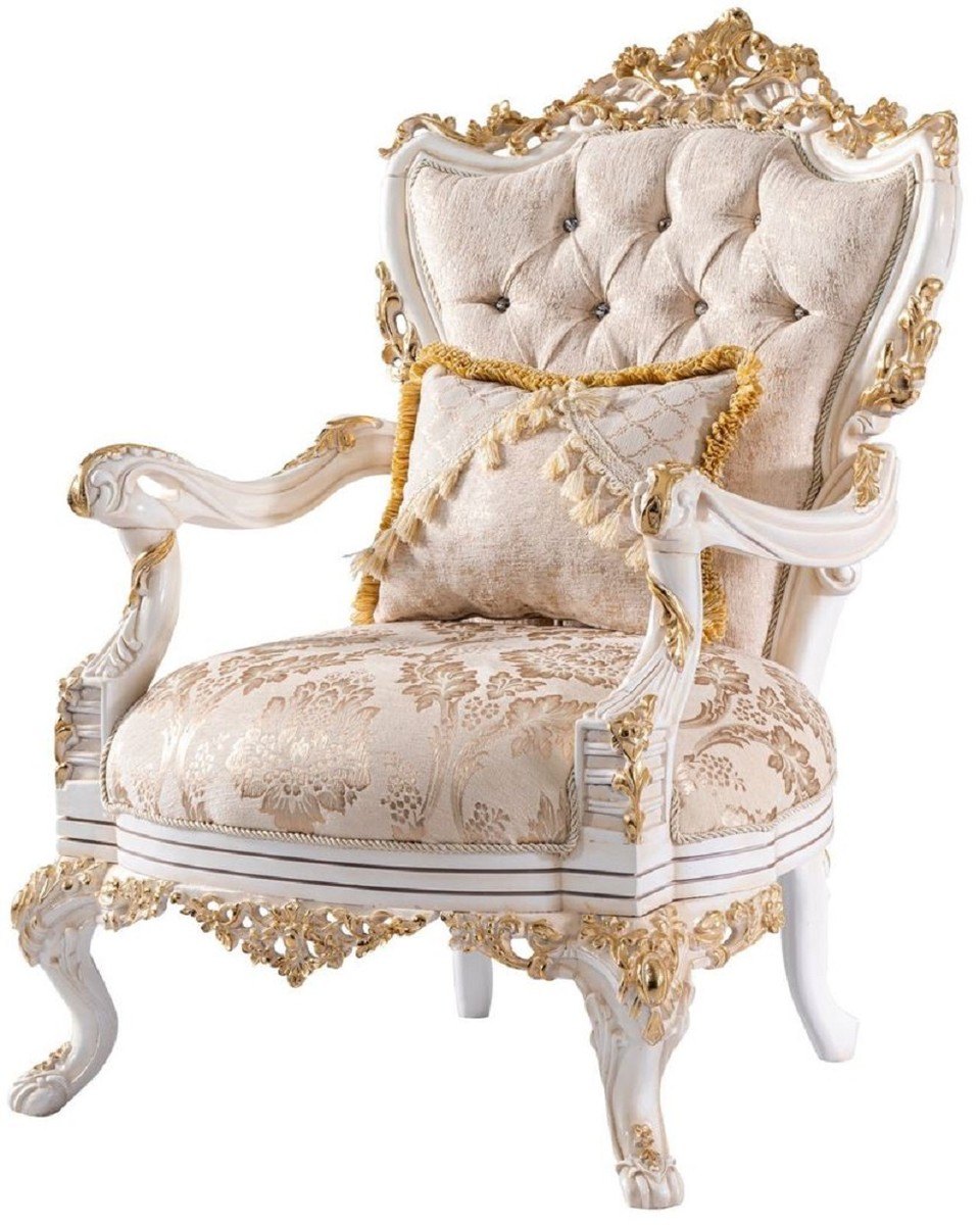 Barock Sessel in Beige, Weiß und Gold mit Glitzersteinen im Barockstil, Casa Padrino