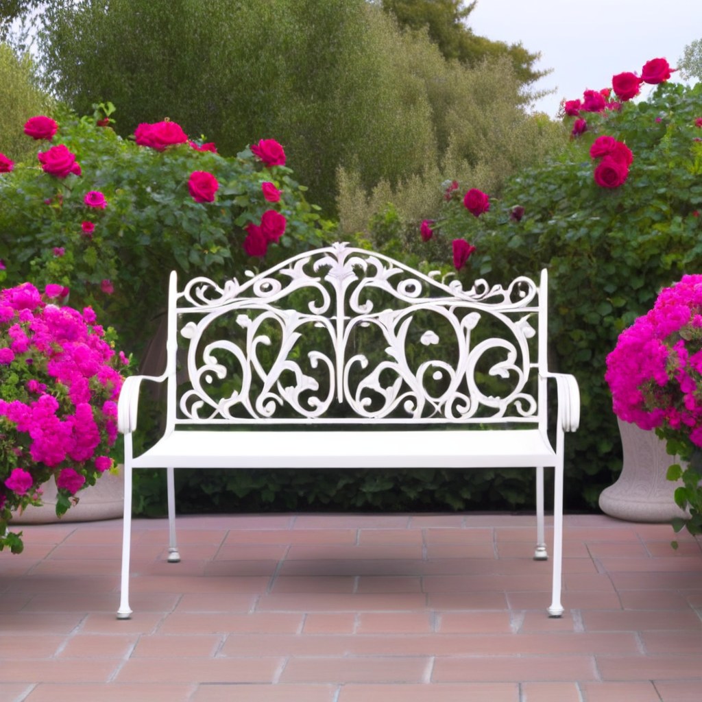 Weiße Schmiedeeisen Gartenbank mit floralen Ornamenten in einem Rosengarten von Casa Padrino