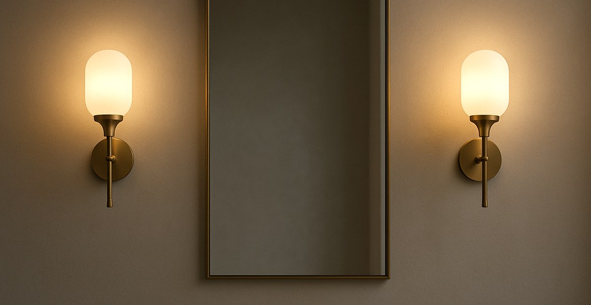 Wandleuchten beidseits eines Spiegels beleuchten das Gesicht ohne Schatten