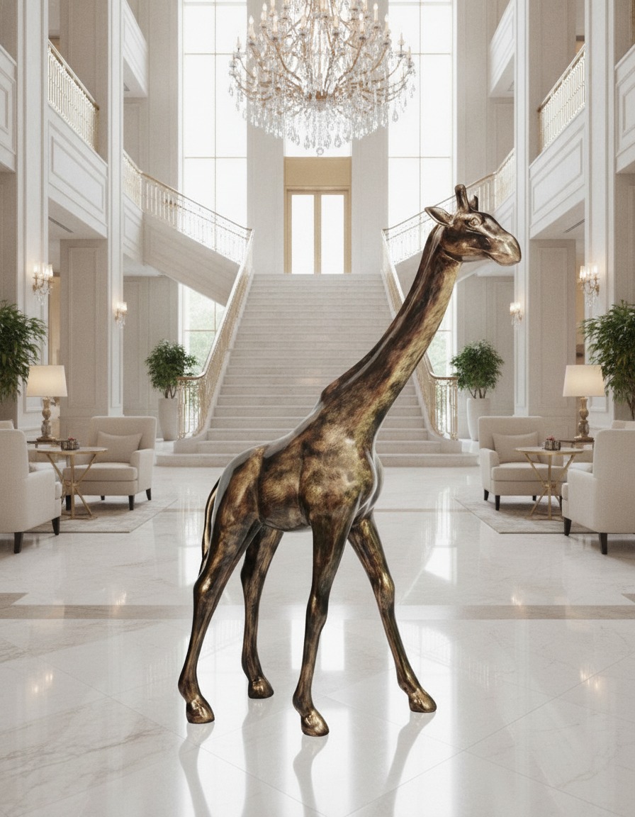 Lebensgroße XXL Skulptur einer Giraffe in einer Hotellobby von Casa Padrino