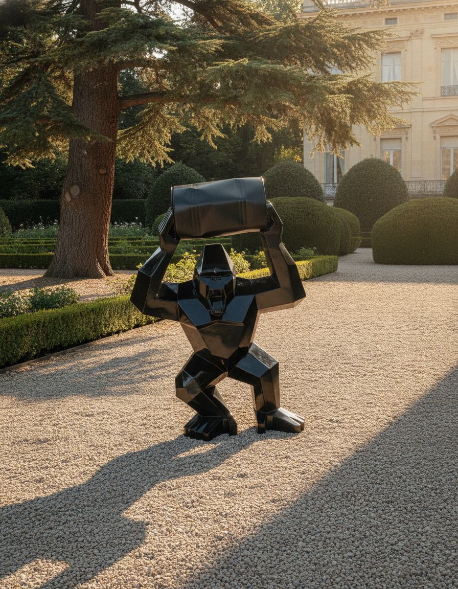 XXL Skulptur eines Gorillas als lebensgroße Gartenfigur im Villengarten von Casa Padrino