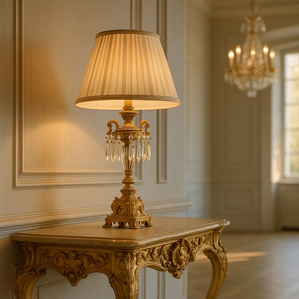 Barok bordlampe med krystalprismer og forgyldt fod på en konsol i salen på en dansk herregård fra Casa Padrino