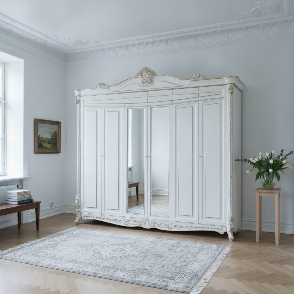 Højt barok garderobeskab med profileret krone under stukken i en københavnsk lejlighed fra Casa Padrino