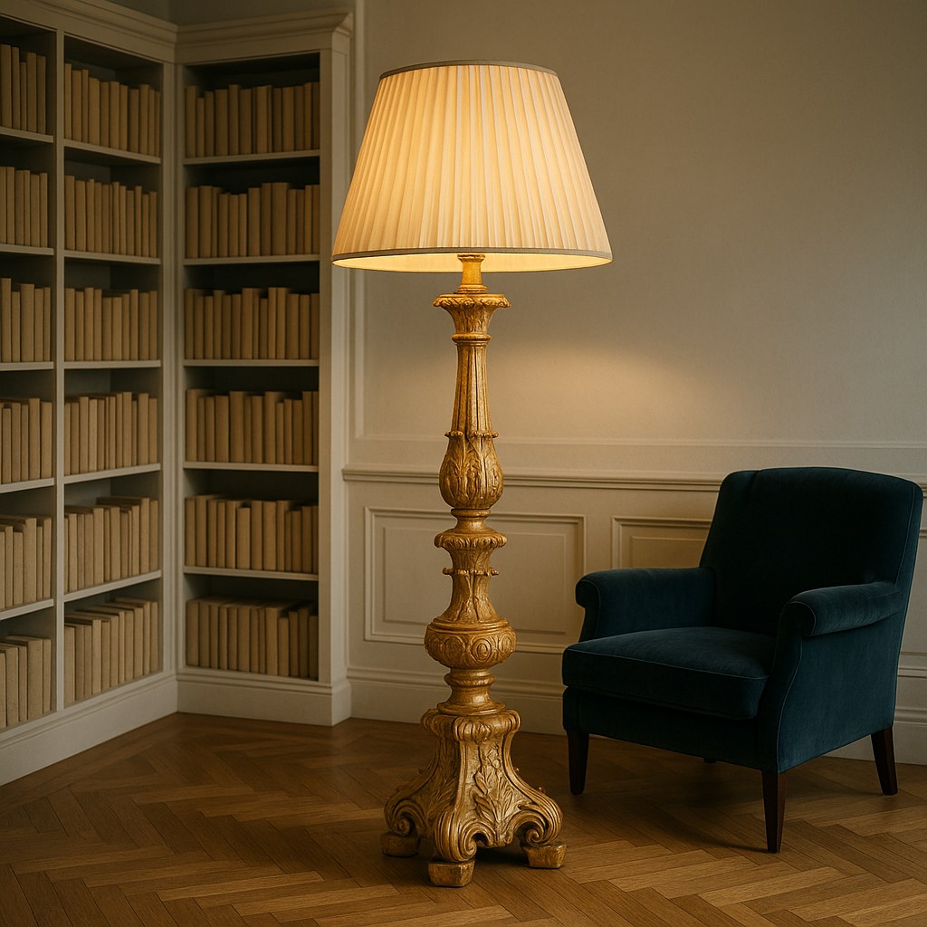 Barok gulvlampe med forgyldt stang og silkeskærm i biblioteket på en dansk herregård fra Casa Padrino