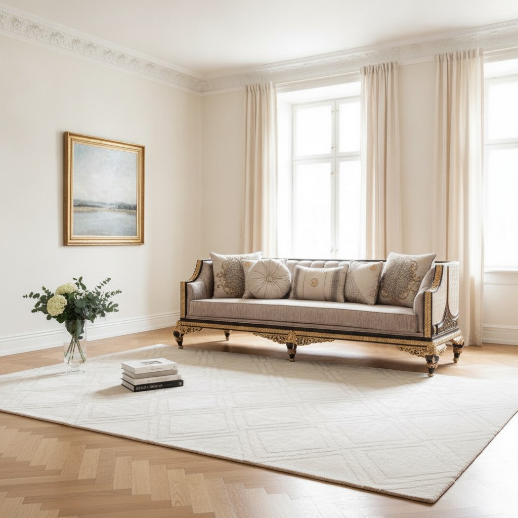 Barok indretning med barok sofa i fløjl i en stue med stuk og sildebensparket fra Casa Padrino