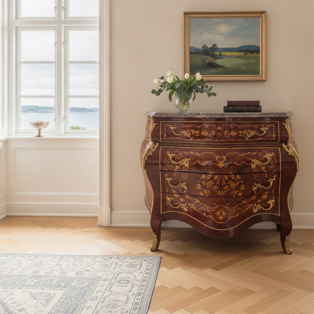 Barok kommode i mahogni som anretning i spisestuen i en dansk villa fra Casa Padrino
