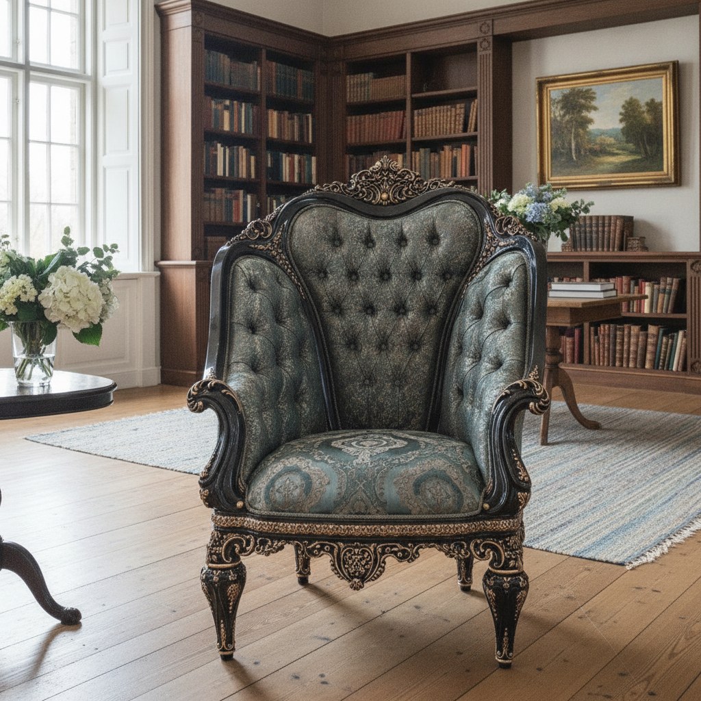 Barok ørelænestol som læsestol i et bibliotek på en dansk herregård fra Casa Padrino