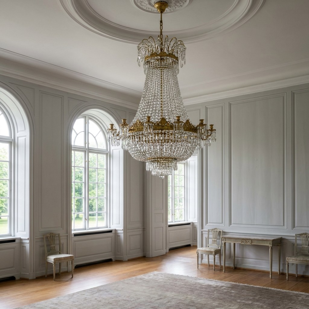 Stor barok lysekrone med krystal og prismer i salen på en dansk herregård fra Casa Padrino