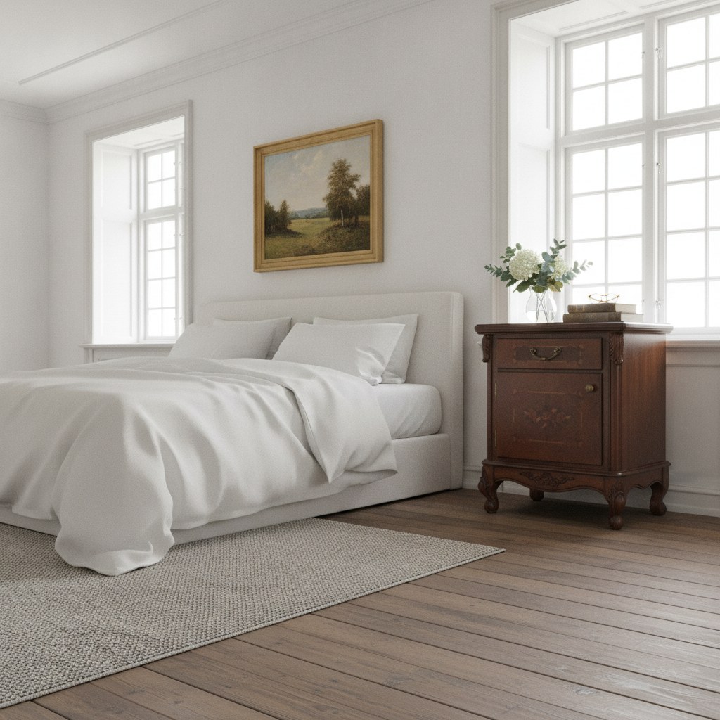Barok natbord i hvid og guld ved sengen i et soveværelse på en dansk herregård fra Casa Padrino