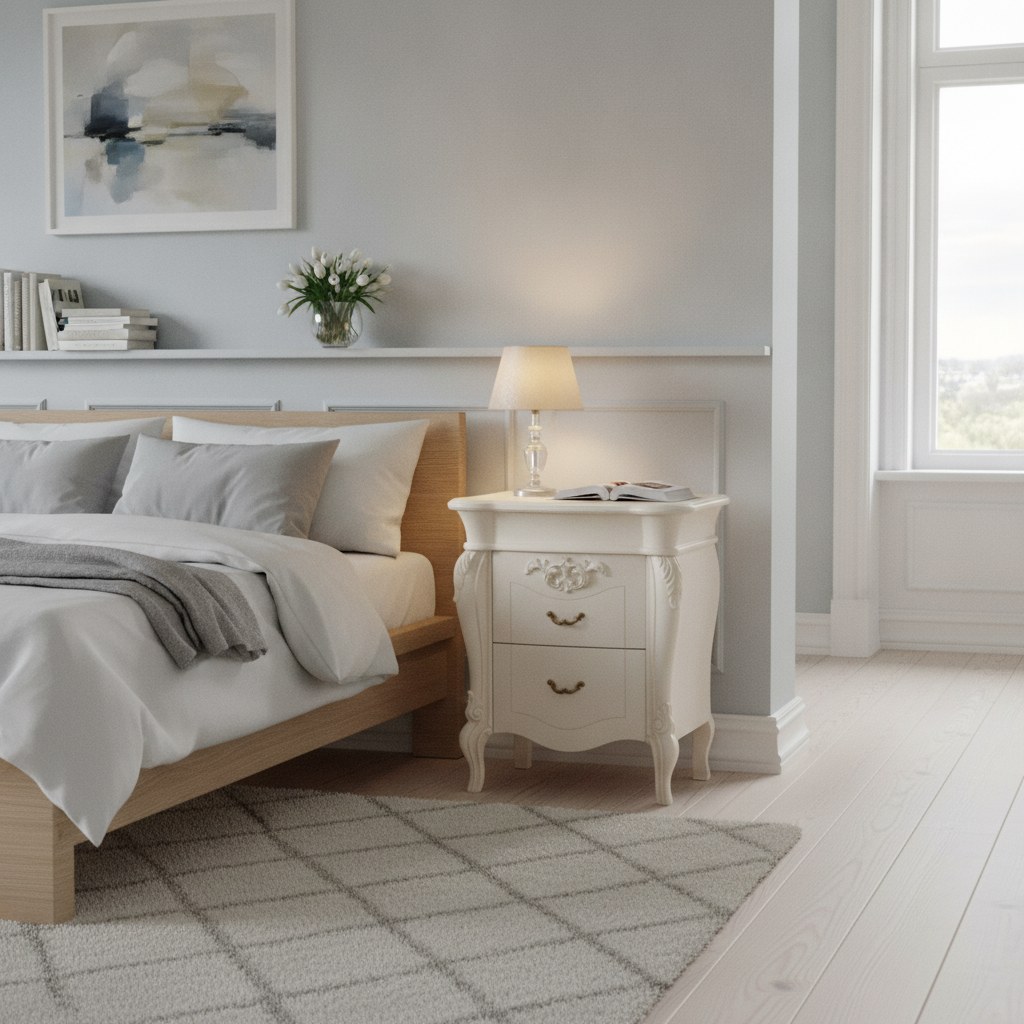 Barok natbord med marmorplade og bordlampe ved en seng i en dansk villa fra Casa Padrino