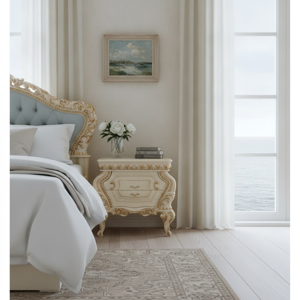 Barok natbord med skuffer og forgyldte beslag i et soveværelse i en villa ved Øresund fra Casa Padrino