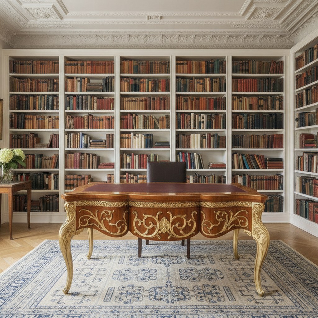Barok skrivebord med læderplade i et bibliotek i en herskabslejlighed med stuk fra Casa Padrino