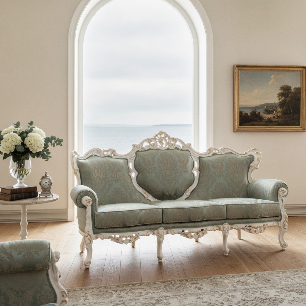 Barok sofa i fløjl foran et højt vindue i en klassisk dansk villa ved Øresund fra Casa Padrino
