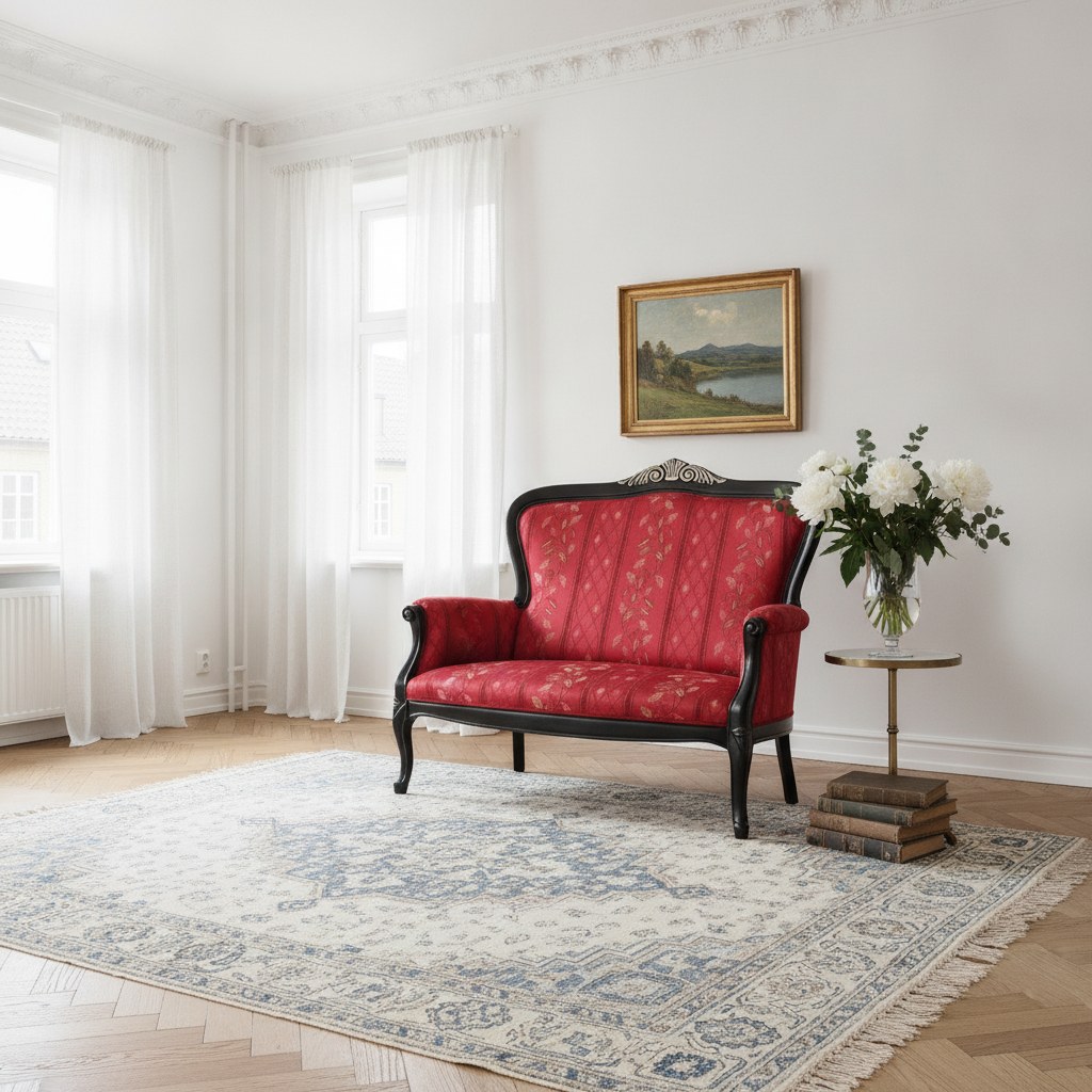 Barok sofa med udskåret forgyldt ramme i en herskabslejlighed med stuk og sildebensparket fra Casa Padrino
