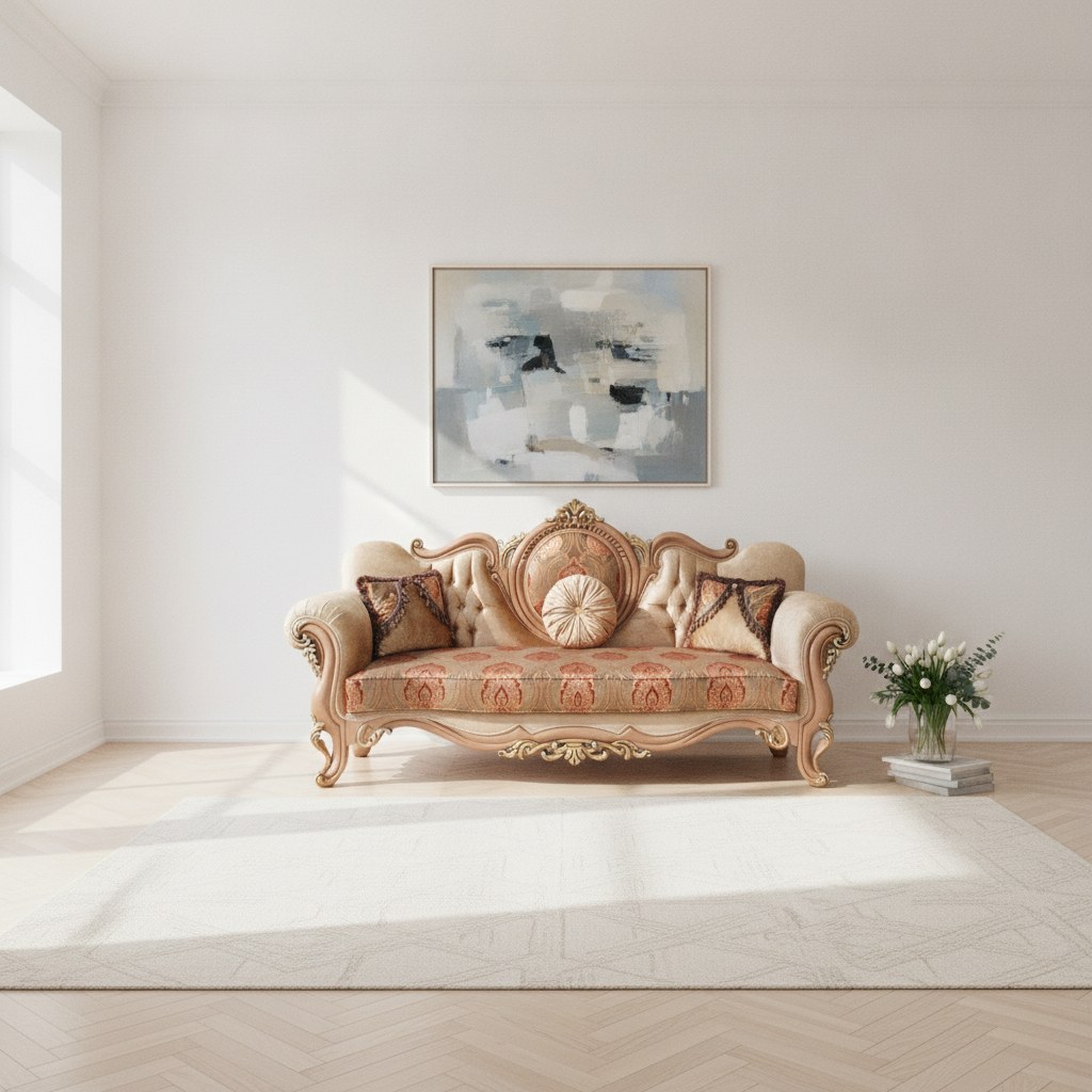 Fransk sofa i rokoko stil i en lys og moderne dansk stue med hvide vægge fra Casa Padrino