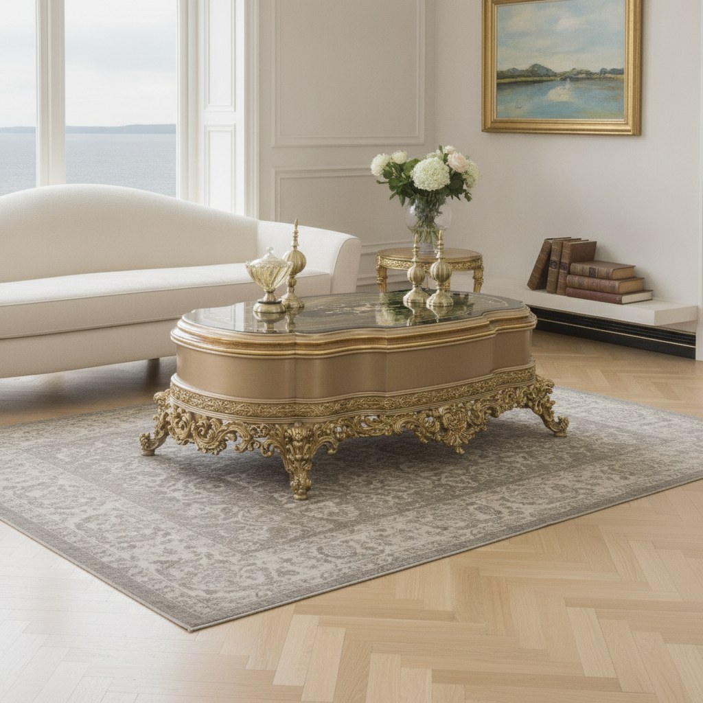 Barok sofabord i guld foran en klassisk sofa i en dansk villa ved Øresund fra Casa Padrino