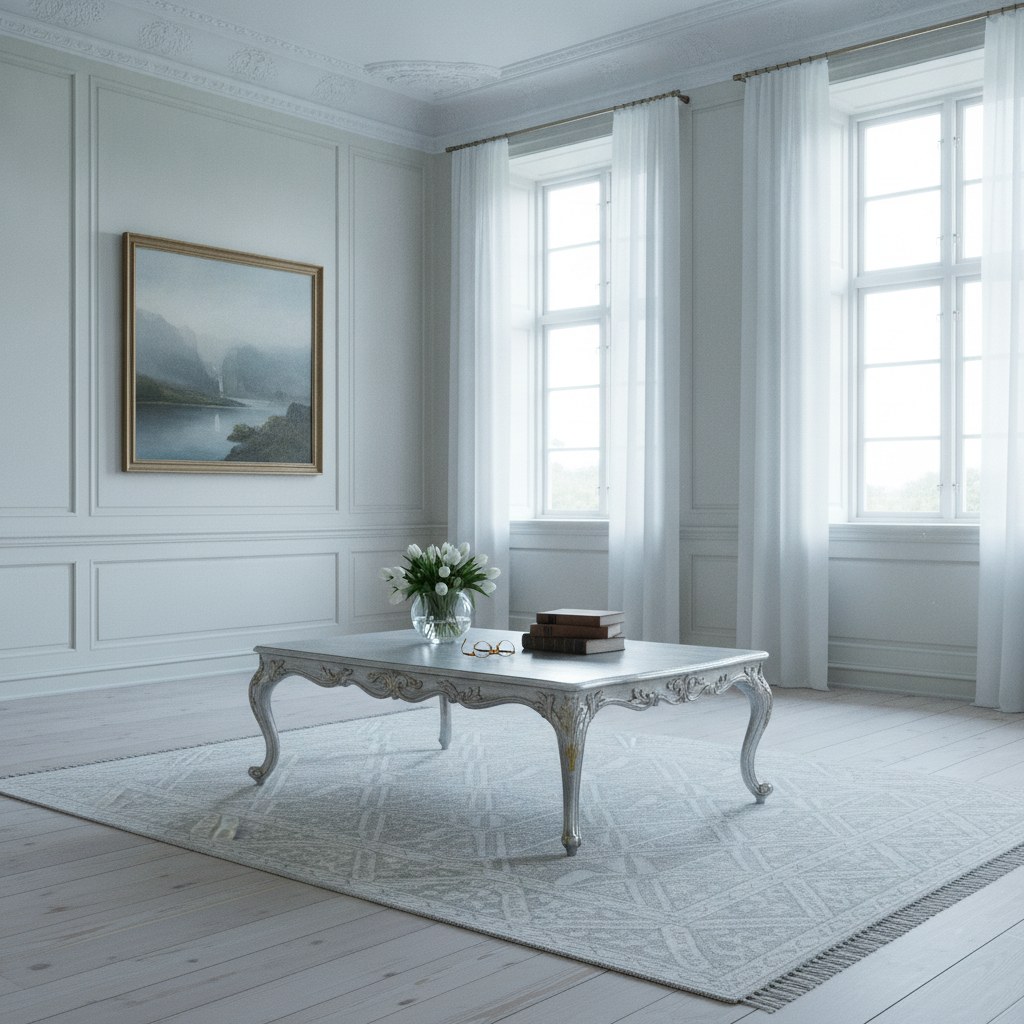 Ovalt barok sofabord med marmorplade i en salon på en dansk herregård fra Casa Padrino