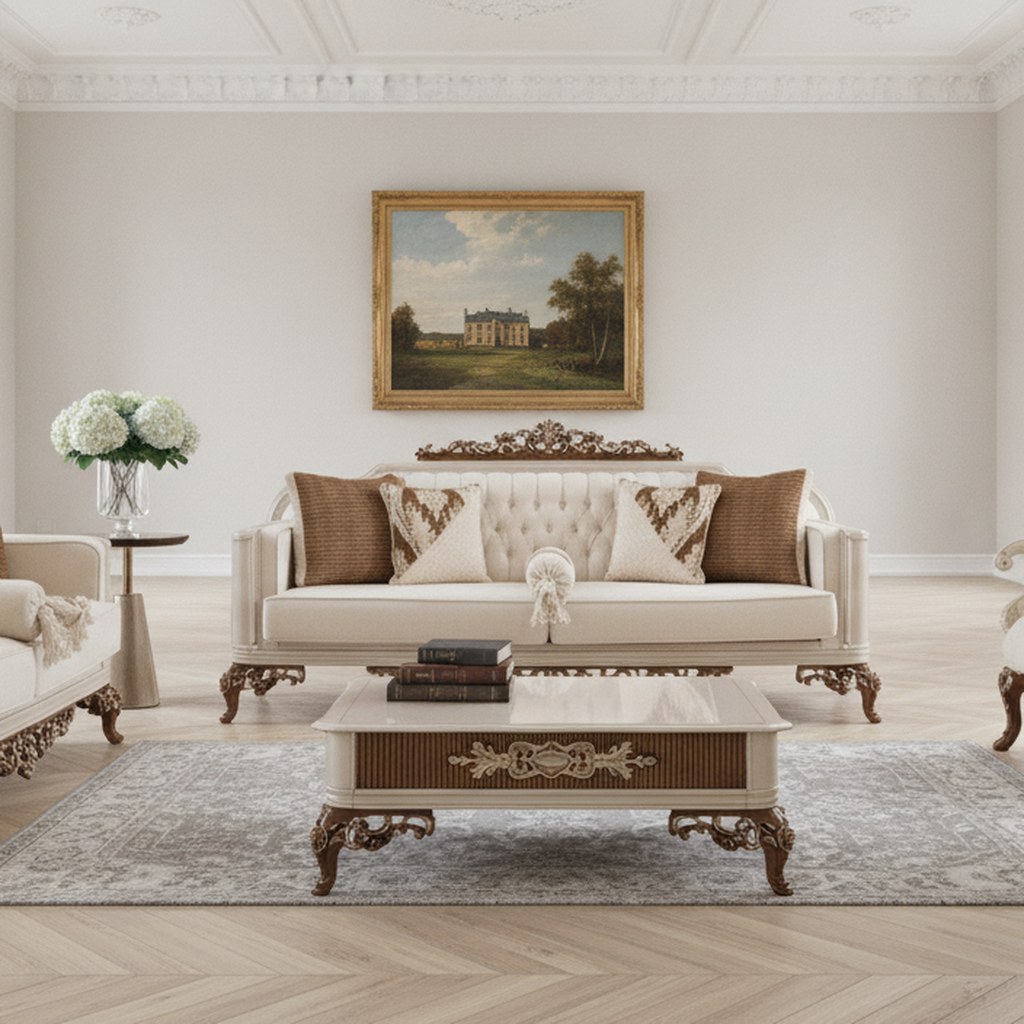 Barok sofa med to lænestole i en salon på en dansk herregård fra Casa Padrino