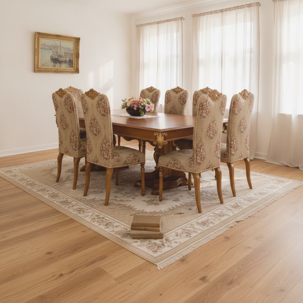 Fransk spisebord med slanke svungne ben i en lys spisestue i en dansk villa fra Casa Padrino