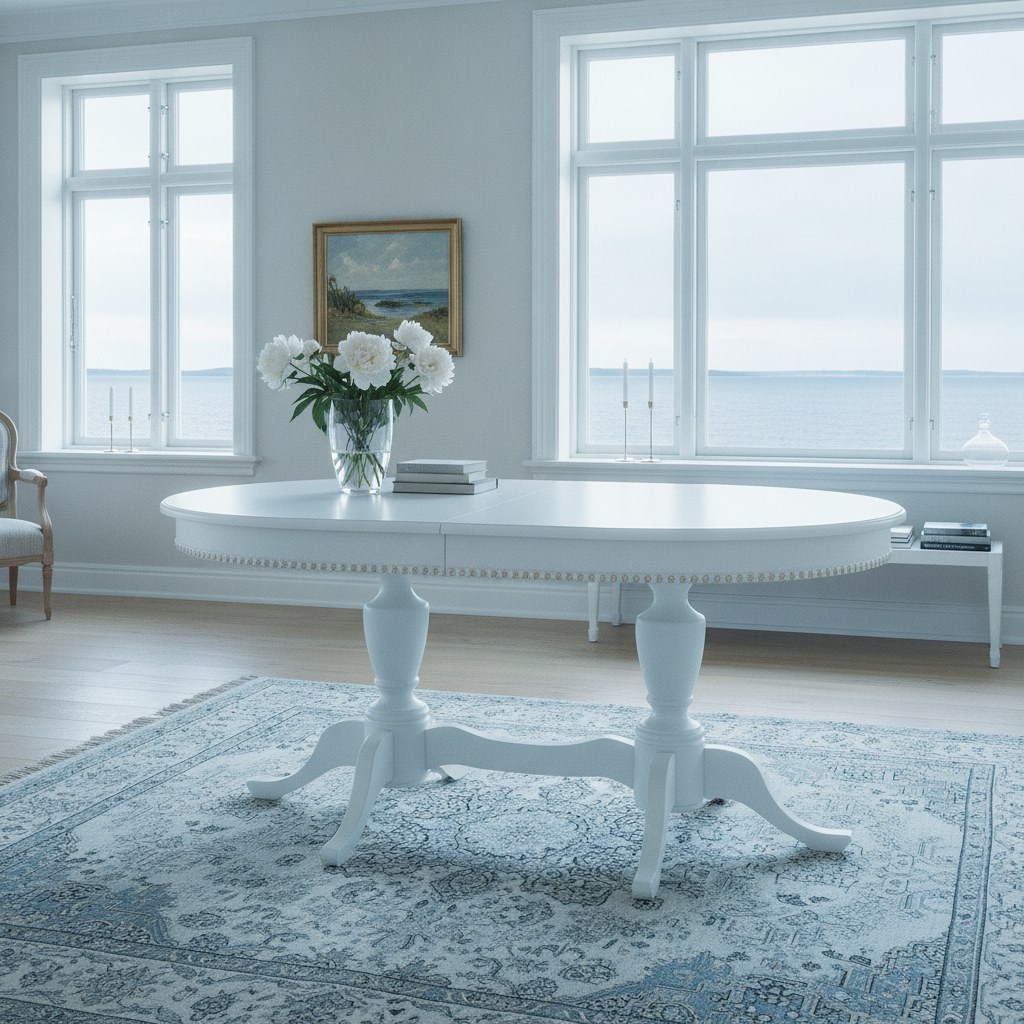 Klassisk spisebord med udskåret søjlefod i spisestuen i en villa ved Øresund fra Casa Padrino