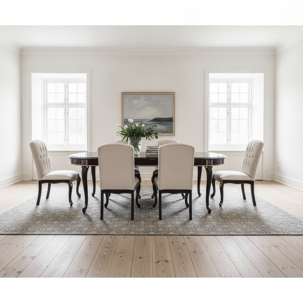 Barok spisebord med polstrede stole i et lyst alrum på en dansk herregård fra Casa Padrino
