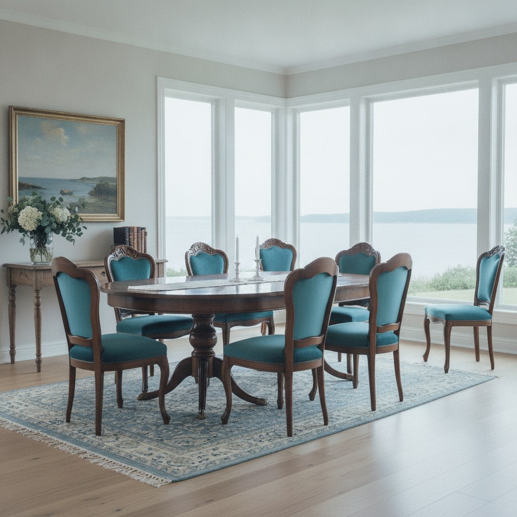 Klassiske spisestole med fløjlsbetræk og udskårne ryge i spisestuen i en villa ved Øresund fra Casa Padrino