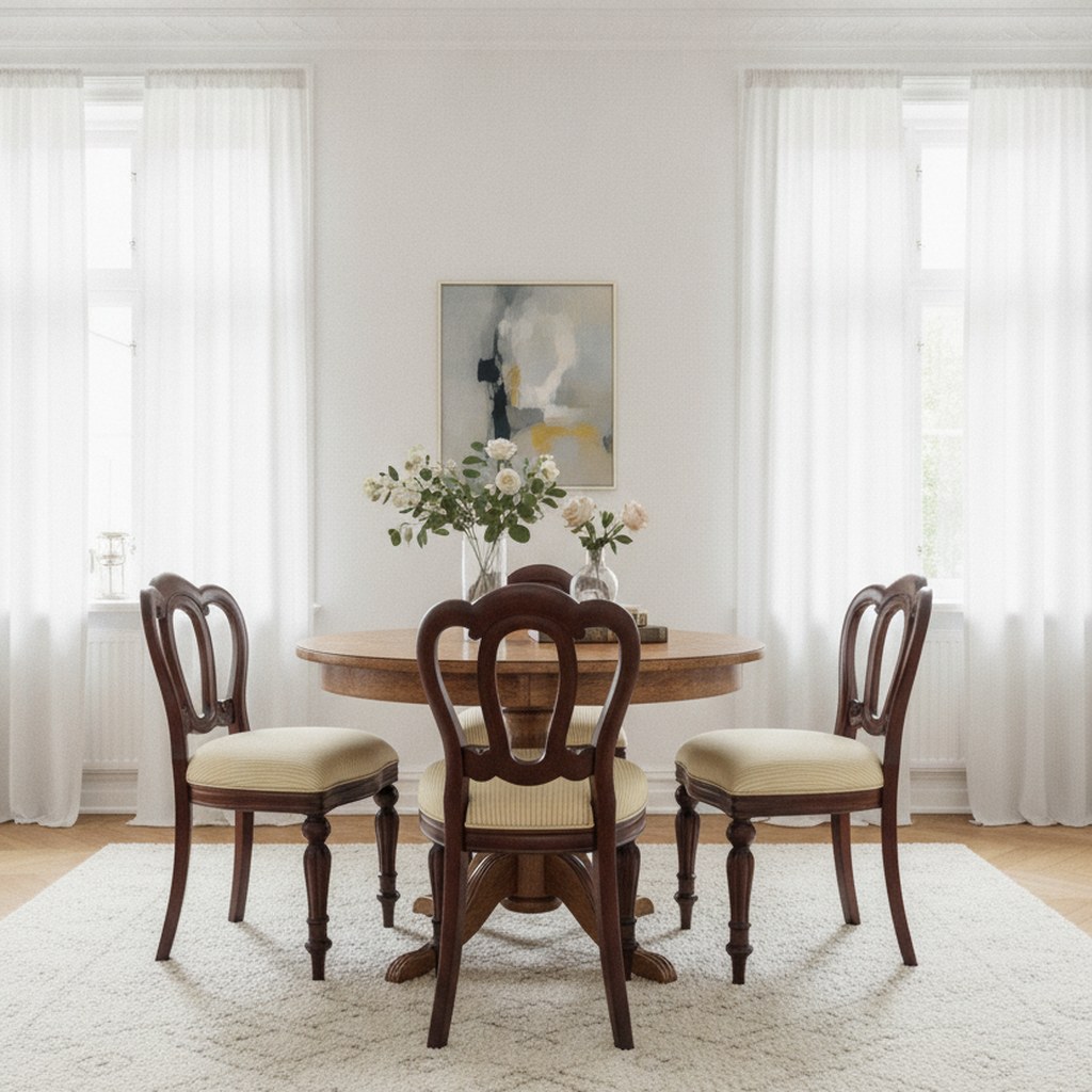 Rokoko spisebordsstole i antik hvid og guld i en lys spisestue med sildebensparket fra Casa Padrino