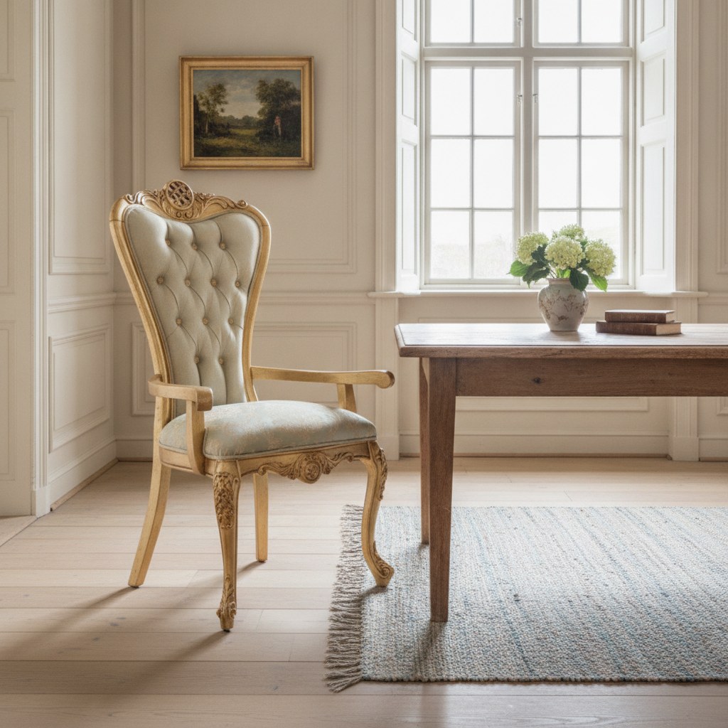 Barok spisestol med armlæn for bordenden i en spisestue på en dansk herregård fra Casa Padrino