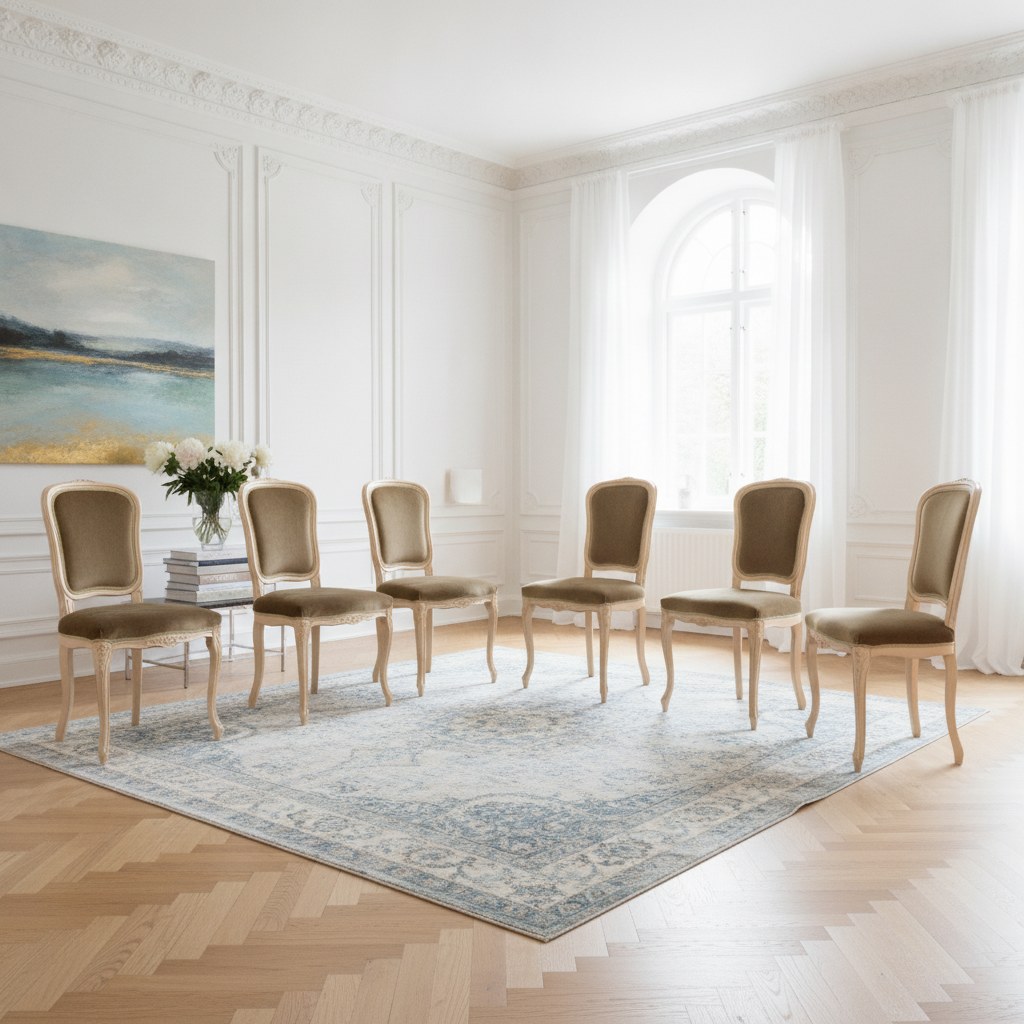 Barok spisestole i sæt omkring et spisebord i en herskabslejlighed med stuk fra Casa Padrino